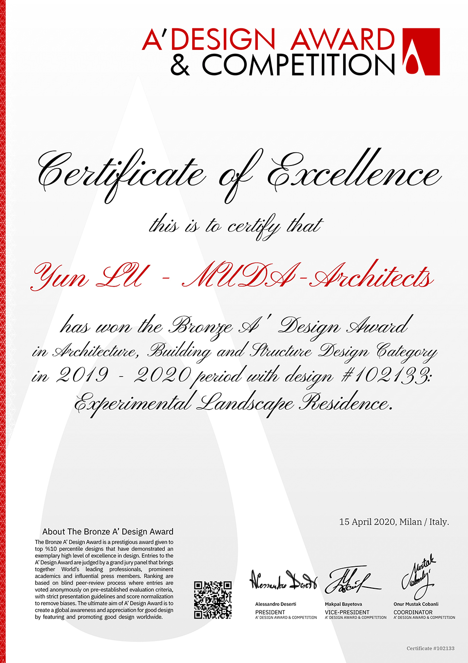 MUDA won the 2019-2020 A'Design Award